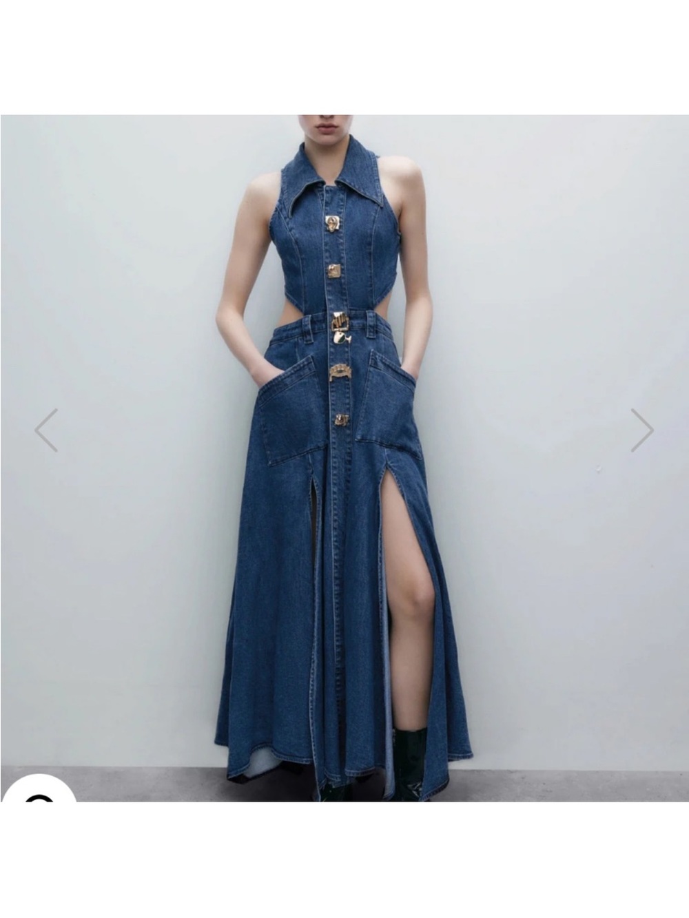 Sleeveless Dark Blue Denim Maxi Dress with Cutouts